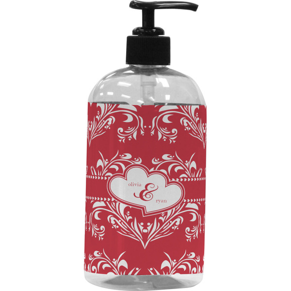 Custom Heart Damask Plastic Soap / Lotion Dispenser (16 oz - Large - Black) (Personalized)