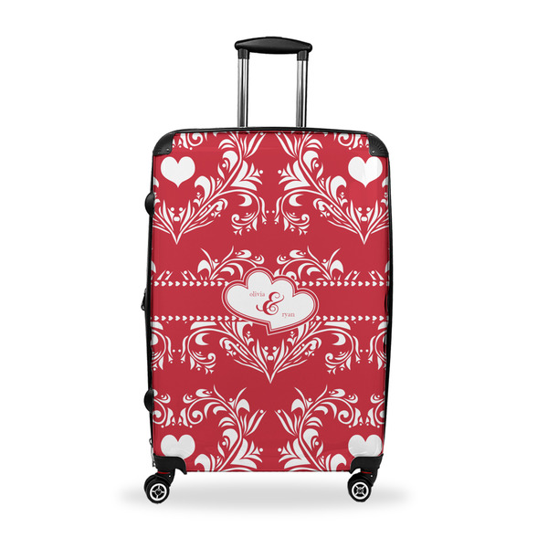 Custom Heart Damask Suitcase - 28" Large - Checked w/ Couple's Names