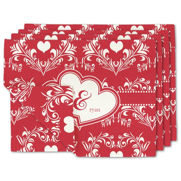 Custom Heart Damask Double-Sided Linen Placemat - Set of 4 w/ Couple's Names