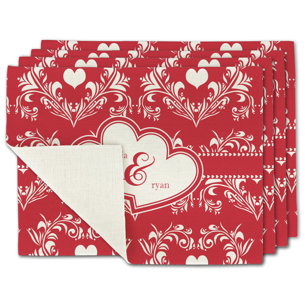Custom Heart Damask Single-Sided Linen Placemat - Set of 4 w/ Couple's Names
