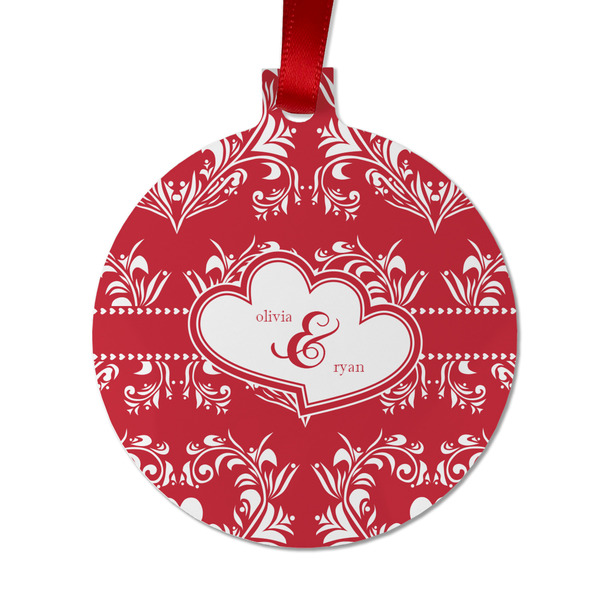 Custom Heart Damask Metal Ball Ornament - Double Sided w/ Couple's Names