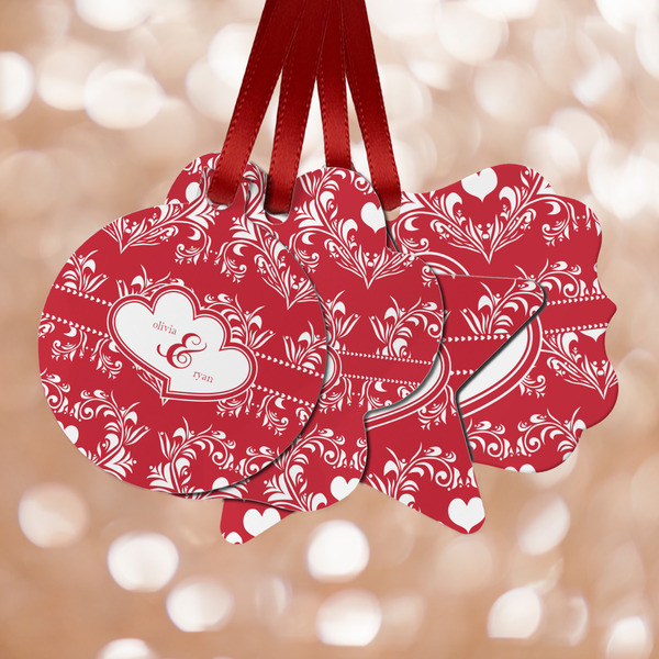 Custom Heart Damask Metal Ornaments - Double Sided w/ Couple's Names
