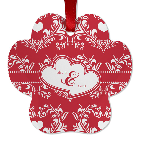 Custom Heart Damask Metal Paw Ornament - Double Sided w/ Couple's Names
