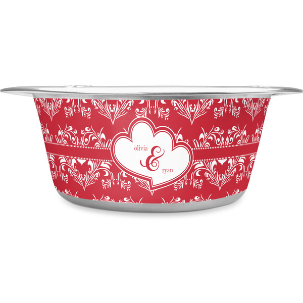 Custom Heart Damask Stainless Steel Dog Bowl (Personalized)