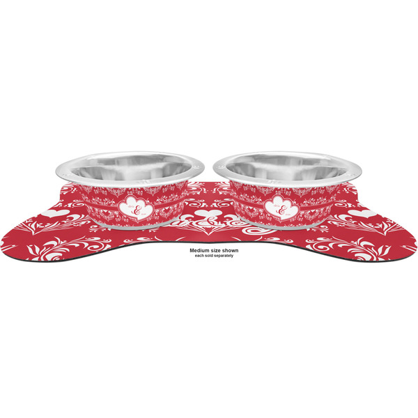 Heart Damask Metal Pet Bowls - On Dog Bone Shaped Mat