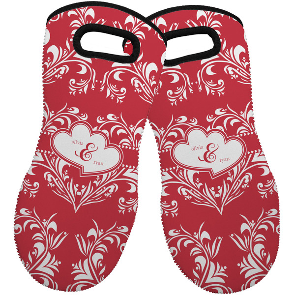 Custom Heart Damask Neoprene Oven Mitts - Set of 2 w/ Couple's Names