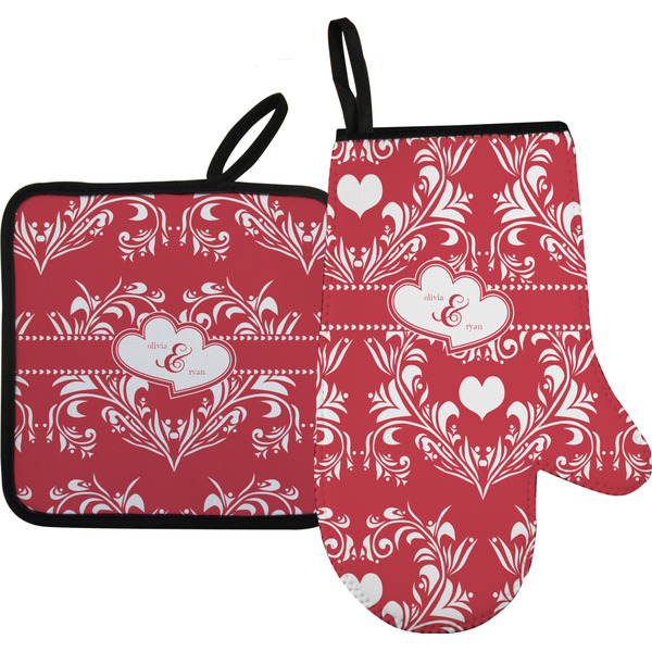 Custom Heart Damask Oven Mitt & Pot Holder Set w/ Couple's Names