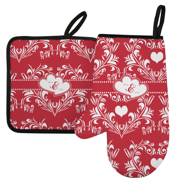 Custom Heart Damask Left Oven Mitt & Pot Holder Set w/ Couple's Names