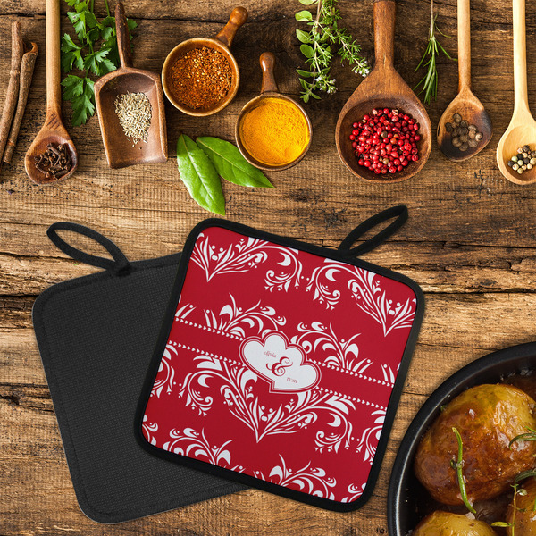 Heart Damask Neoprene Pot Holder - Set of 2  LIFESTYLE (Flatlay)