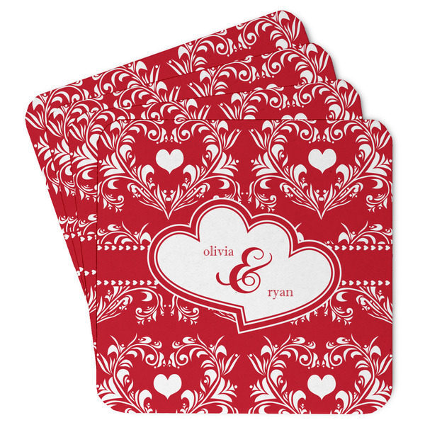 Custom Heart Damask Paper Coasters w/ Couple's Names