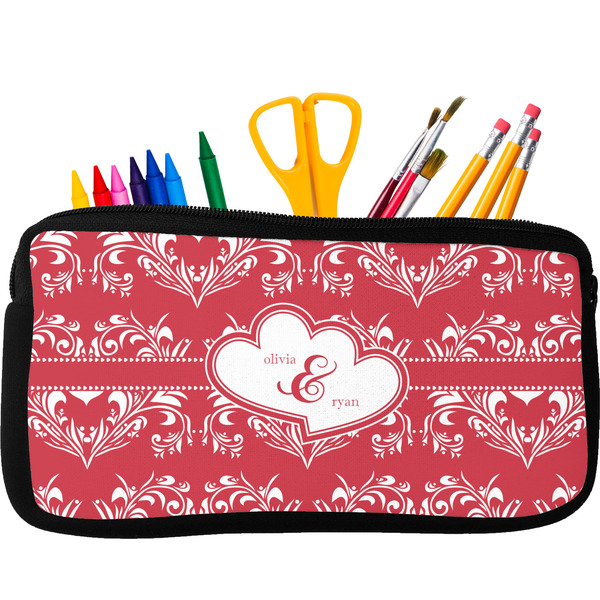 Custom Heart Damask Neoprene Pencil Case - Small w/ Couple's Names