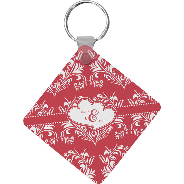 Custom Heart Damask Diamond Plastic Keychain w/ Couple's Names