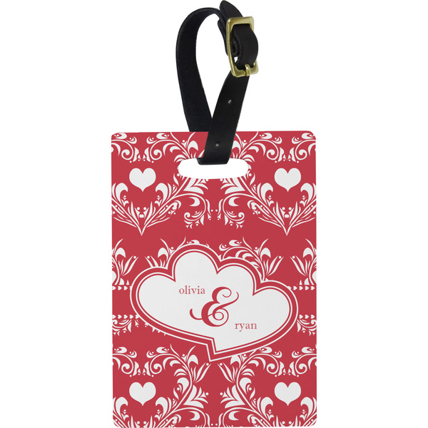 Custom Heart Damask Plastic Luggage Tag - Rectangular w/ Couple's Names