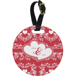 Heart Damask Plastic Luggage Tag - Round (Personalized)