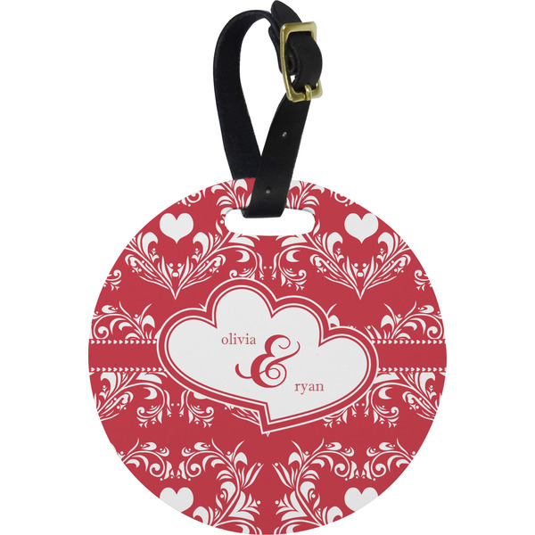 Custom Heart Damask Plastic Luggage Tag - Round (Personalized)