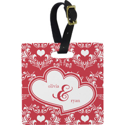 Heart Damask Plastic Luggage Tag - Square w/ Couple's Names