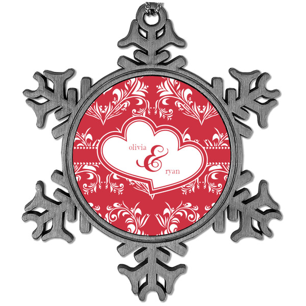 Custom Heart Damask Vintage Snowflake Ornament (Personalized)