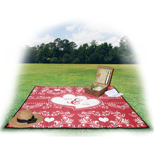 Heart Damask Picnic Blanket - with Basket Hat and Book - in Use