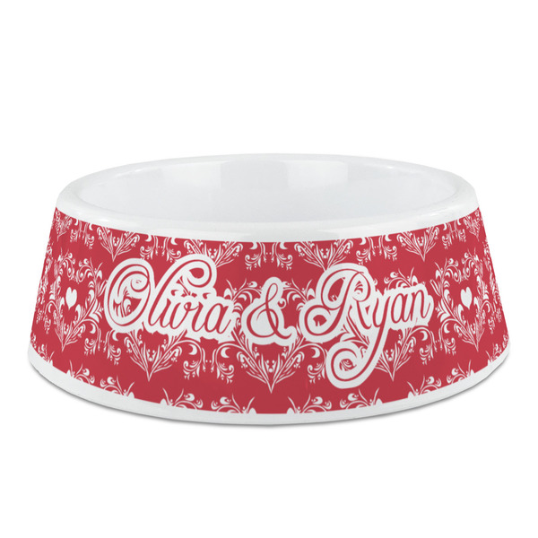 Custom Heart Damask Plastic Dog Bowl - Medium (Personalized)