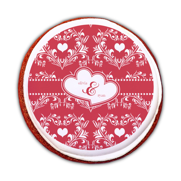 Heart Damask Printed Icing Circle - Medium - On Cookie