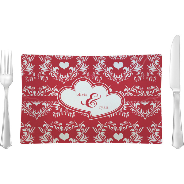 Custom Heart Damask Rectangular Glass Lunch / Dinner Plate - Single or Set (Personalized)