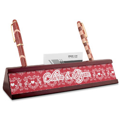 Heart Damask Red Mahogany Nameplate with Business Card Holder (Personalized)