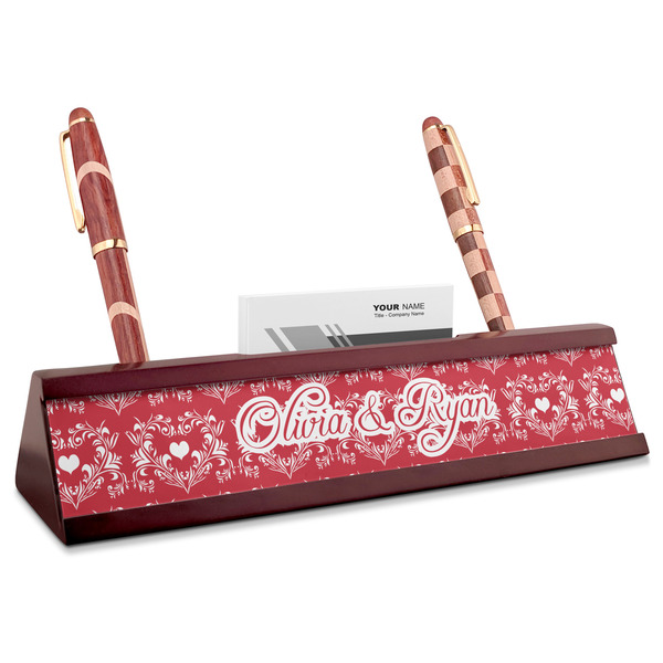 Custom Heart Damask Red Mahogany Nameplate with Business Card Holder (Personalized)