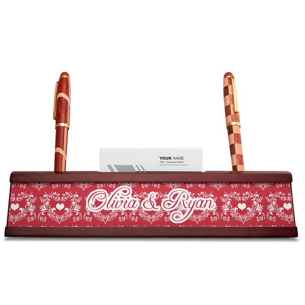 Heart Damask Red Mahogany Nameplates with Business Card Holder - Straight