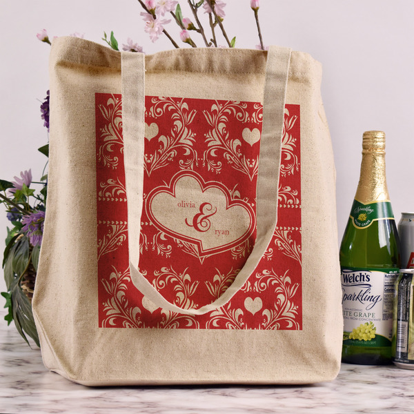 Heart Damask Reusable Cotton Grocery Bag - In Context