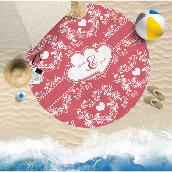 Heart Damask Round Beach Towel Lifestyle