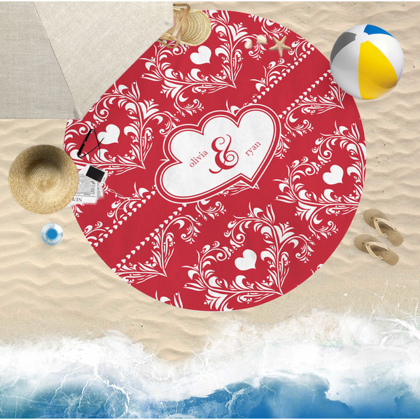 Heart Damask Round Beach Towel Lifestyle
