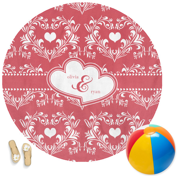 Custom Heart Damask Round Beach Towel (Personalized)