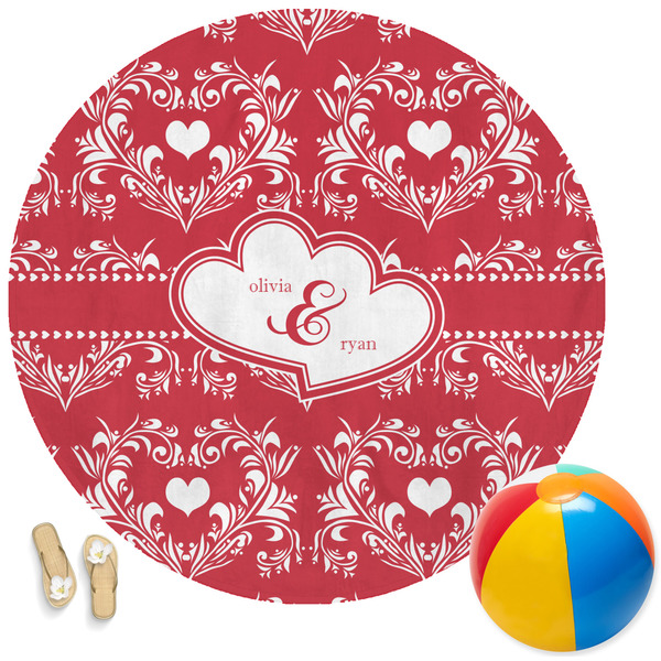 Custom Heart Damask Round Beach Towel (Personalized)