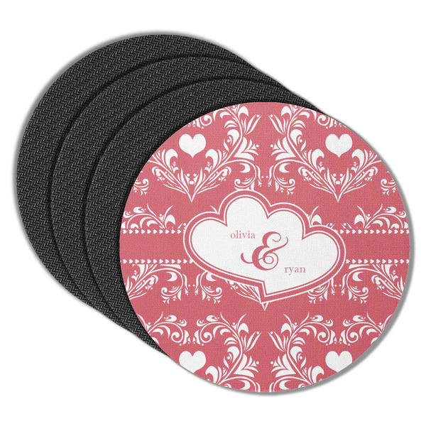 Custom Heart Damask Round Rubber Backed Coasters - Set of 4 (Personalized)
