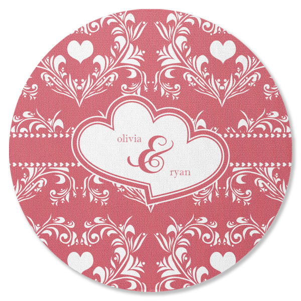 Custom Heart Damask Round Rubber Backed Coaster (Personalized)