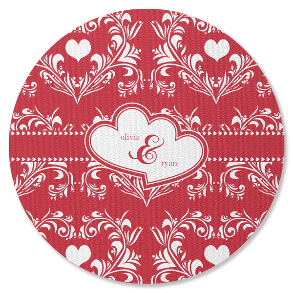 Custom Heart Damask Round Rubber Backed Coaster (Personalized)