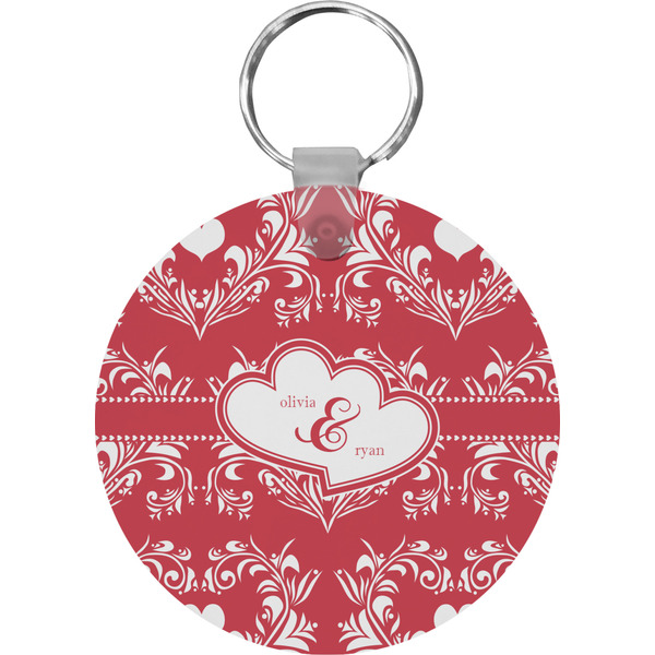 Custom Heart Damask Round Plastic Keychain (Personalized)