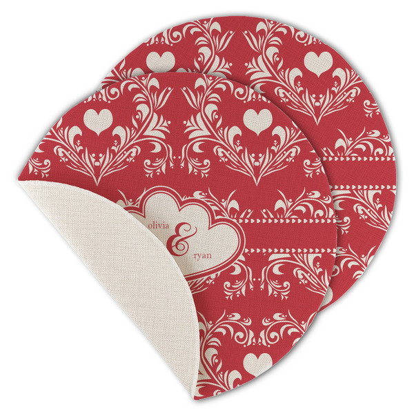 Custom Heart Damask Round Linen Placemat - Single Sided - Set of 4 (Personalized)