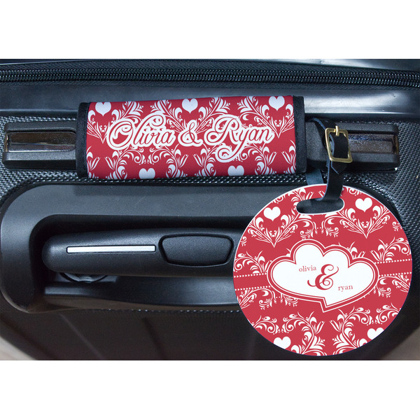 Heart Damask Round Luggage Tag & Handle Wrap - In Context