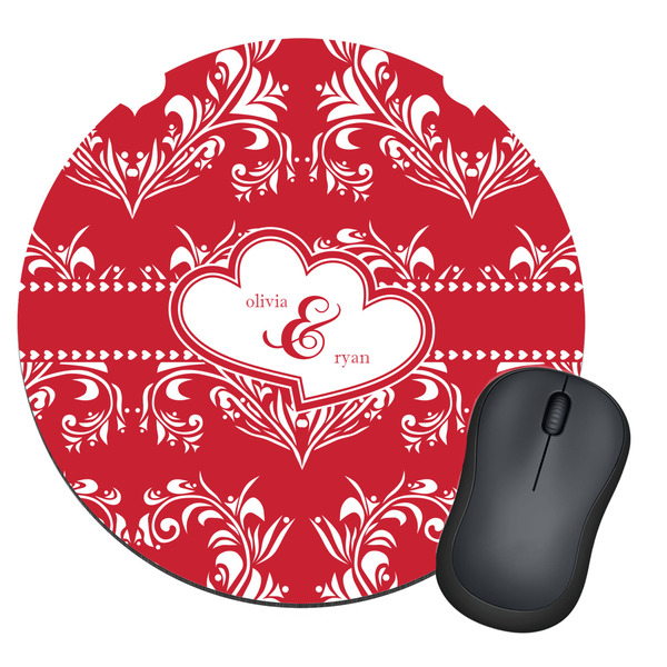 Custom Heart Damask Round Mouse Pad (Personalized)