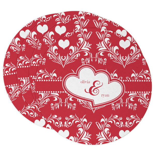 Custom Heart Damask Round Paper Coasters w/ Couple's Names