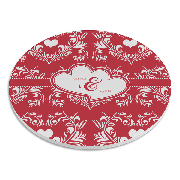 Heart Damask Round Stone Trivet - Angle View