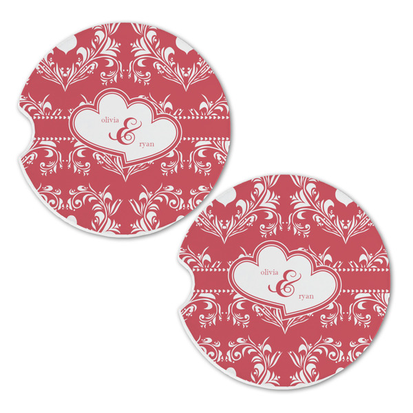 Heart Damask Sandstone Car Coasters - Set of 2