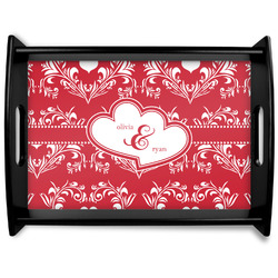 Heart Damask Black Wooden Tray - Large (Personalized)