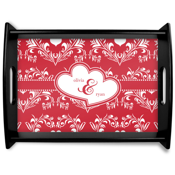 Custom Heart Damask Black Wooden Tray - Large (Personalized)