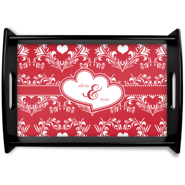 Custom Heart Damask Black Wooden Tray - Small (Personalized)