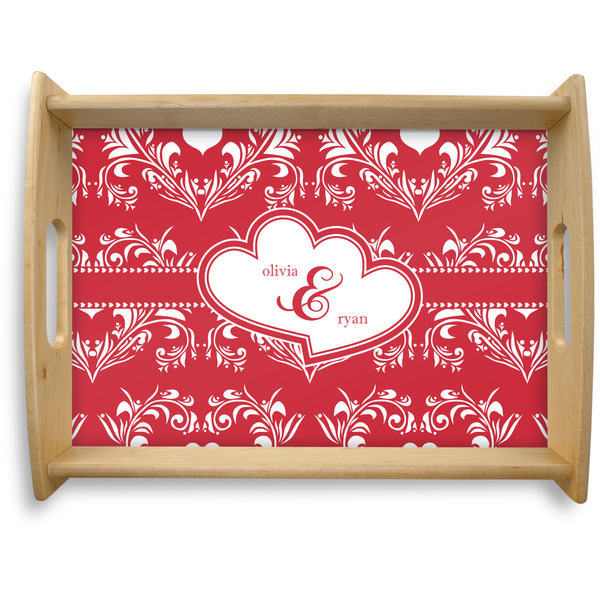 Custom Heart Damask Natural Wooden Tray - Large (Personalized)