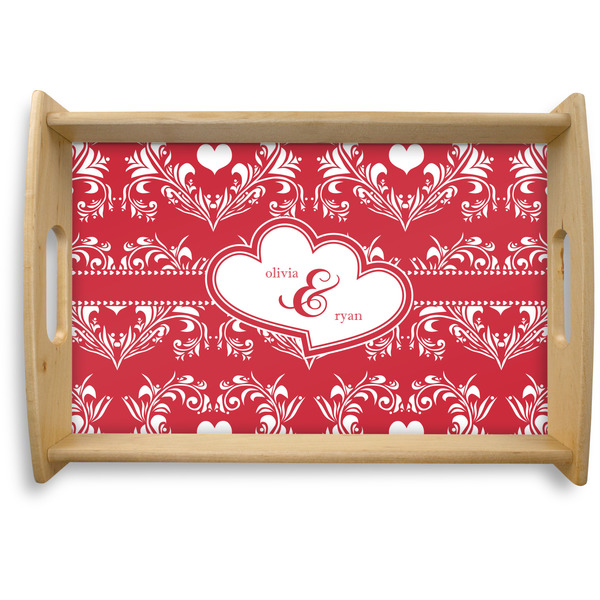 Custom Heart Damask Natural Wooden Tray - Small (Personalized)
