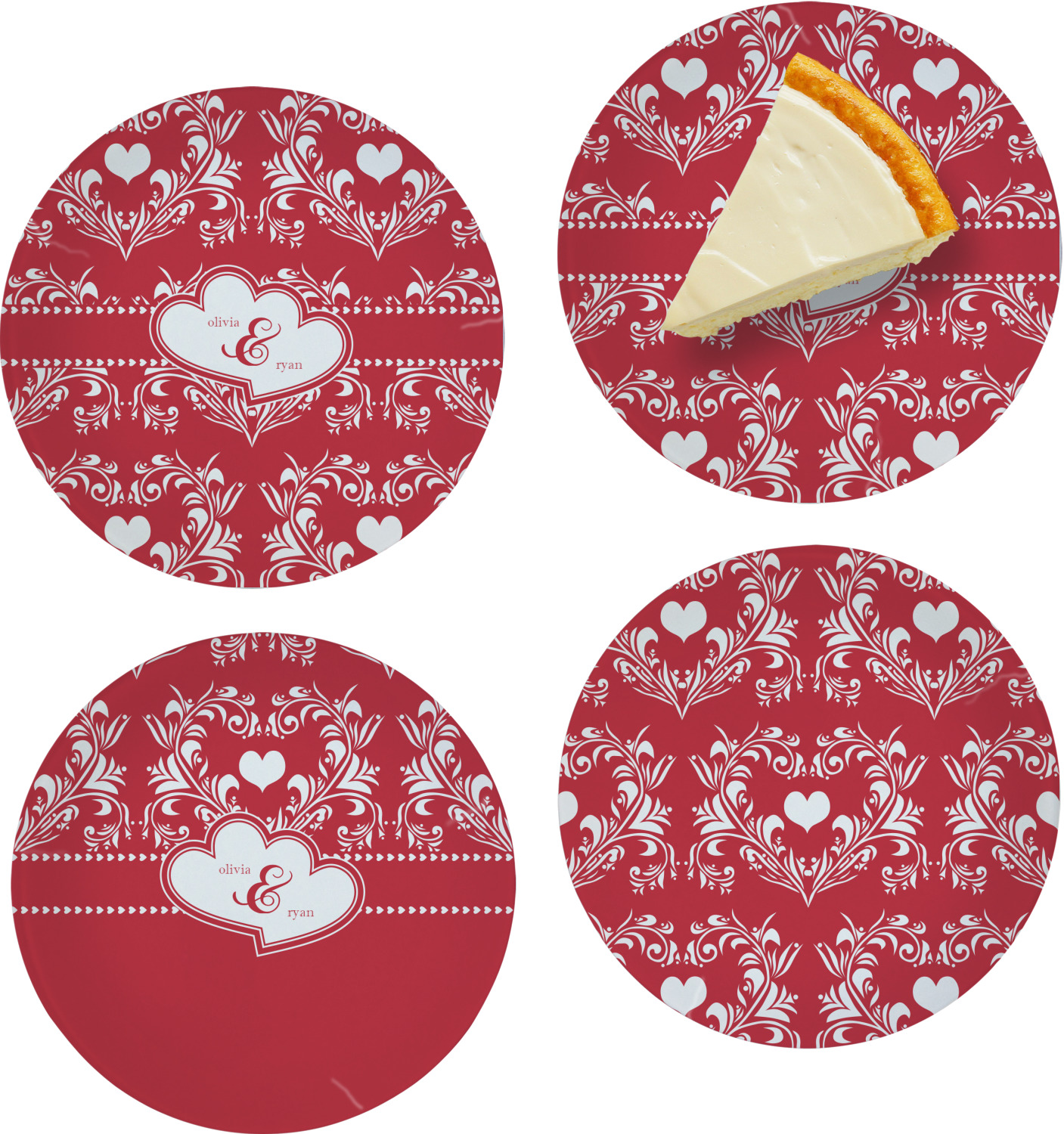 Custom Heart Damask 8" Glass Appetizer / Dessert Plates Single or Set