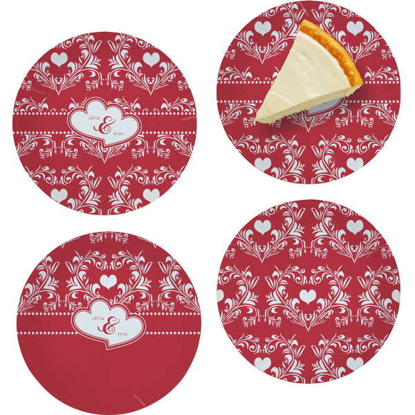 Custom Heart Damask Set of 4 Glass Appetizer / Dessert Plate 8" (Personalized)